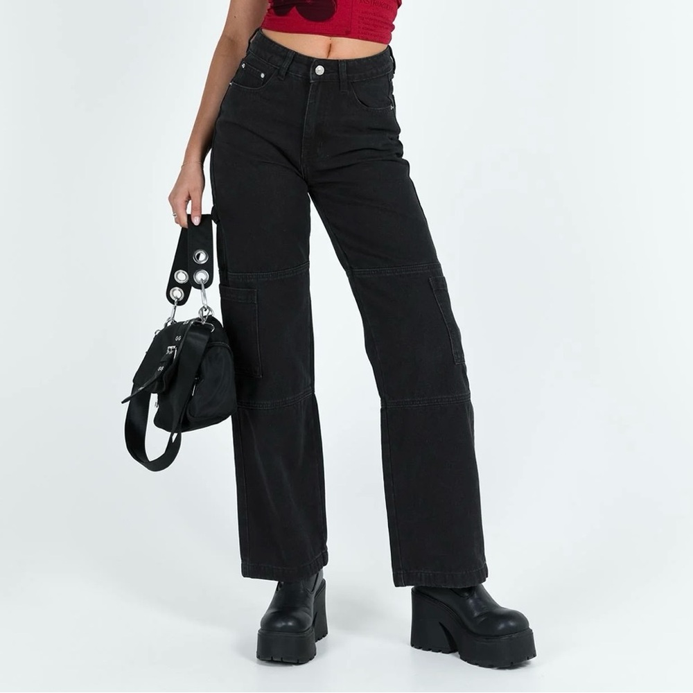 Princess Polly Thomson High Rise Wide Leg Black Cargo Jeans
